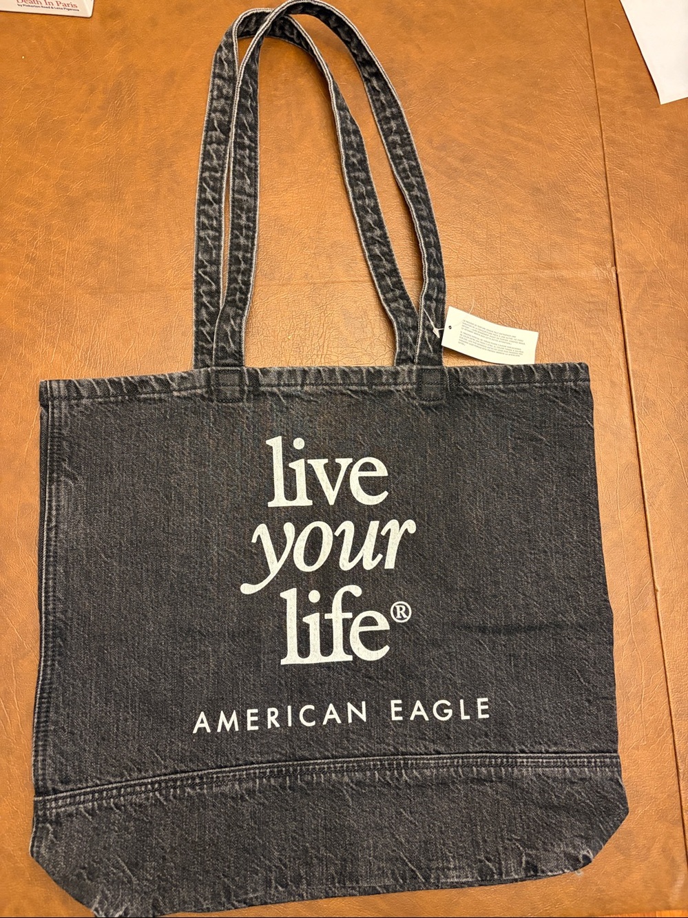 American Eagle Live Your Life Denim Tote Bag Black Faded Graphic Logo